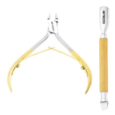 GMI-TWEEZERS - Professional Cuticle Remover, Cuticle Pusher And Cuticle Trimmer - Manicure Tool Cuticle Nippers - Durable Cuticle Cutter For Finger And Nail - Instant Cuticle Kit (Gold)