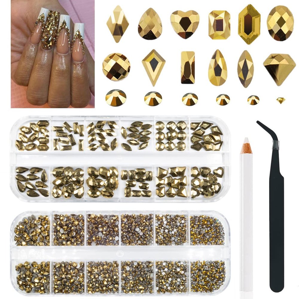 qiipii Old Golden Nail Rhinestones 120 Multi Shapes Flatback Gems K9 Glass Stones Metallic Gold Round Beads Diamonds Jewels Crystals w Pick Pen Charms for Nails Faces Eyes Makeup Crafts Clothes Shoes
