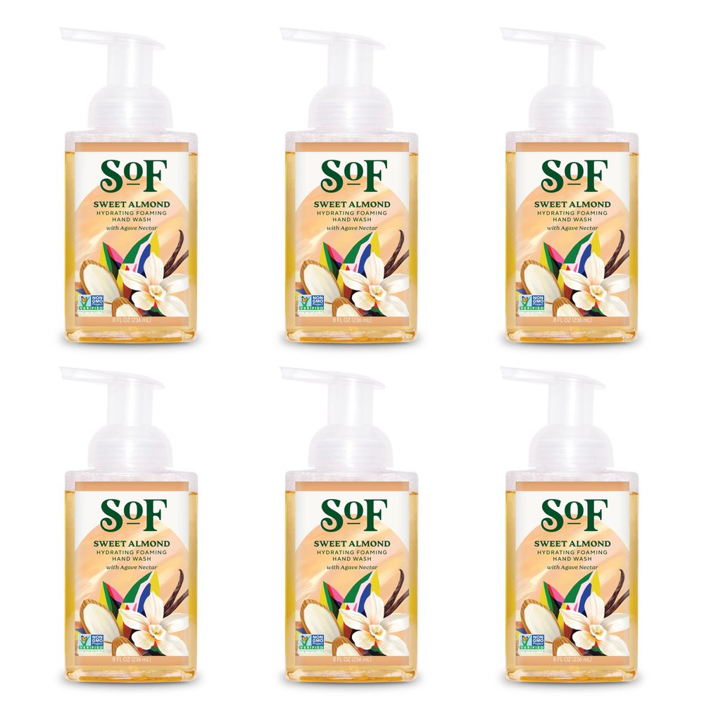 SoF Hydrating Foaming Hand Wash - With Organic Agave Nectar & Coconut Oil- Vegan & Non GMO- Free From Phthalates, Sulfates & Parabens- Sweet Almond - 8 oz Bottle 6 Pack