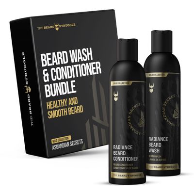 The Beard Struggle - Radiance Beard Wash & Conditioner Bundle - Gold Collection - Pack of 2, Asgardian Secret - Nourish, Cleanse, Softens, & Strengthens Beard - Beard Wash and Conditioner for Men