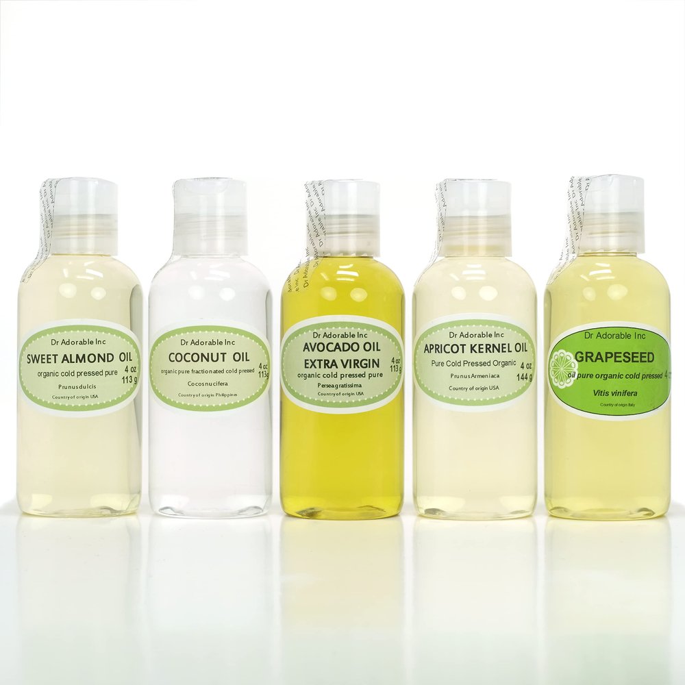 5 Variety Set All Natural Premium Organic 100% Pure Oils (Fractionated Coconut, Unrefined Extra Virgin Avocado, Apricot Kernel, Grapeseed, Sweet Almond) Hair Skin Nails Care