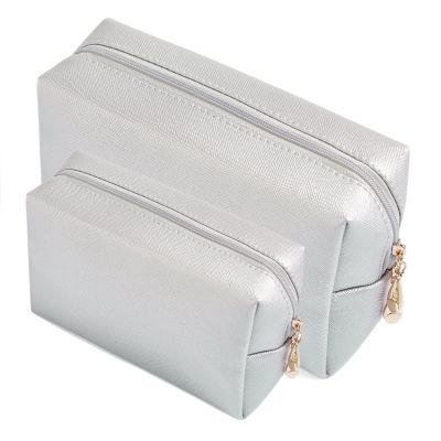 2pcs set PU Leather Cosmetic Bag for Women Minimalism Makeup Bag for Daily Use Portable Storage Purse Small Neat Cosmetic Pouch Water-resistant Toiletry Bag for Travel (Silver)