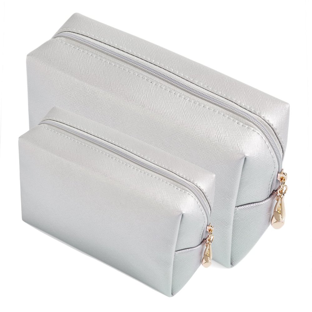 2pcs set PU Leather Cosmetic Bag for Women Minimalism Makeup Bag for Daily Use Portable Storage Purse Small Neat Cosmetic Pouch Water-resistant Toiletry Bag for Travel (Silver)