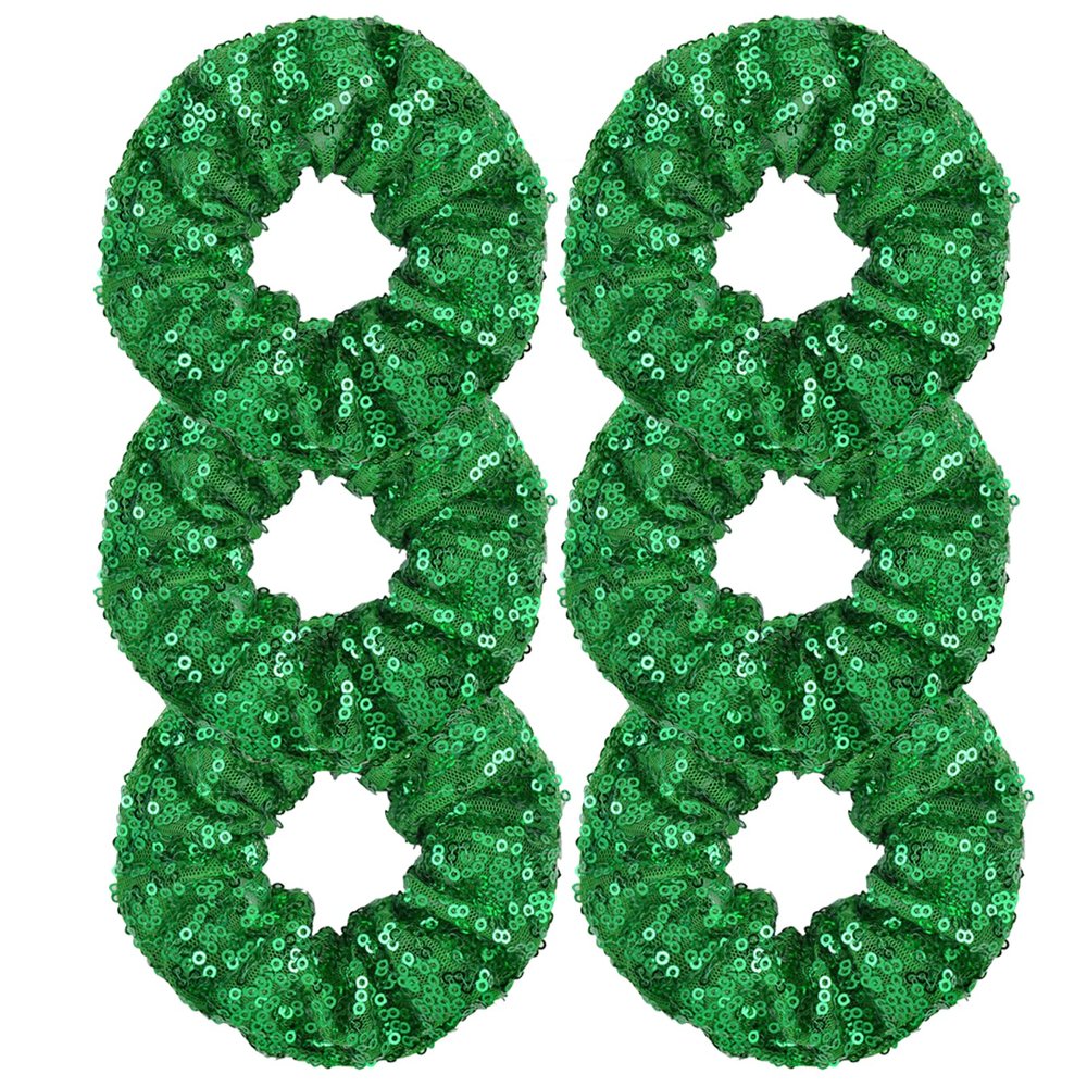 OTYOU 6 Pack Sequins Hair Scrunchies Rich Tones Scrunchy Metallic Bobbles Elastic Hair Bands Ties Glitter Ponytail Bun Holders Hair Accessories for Women Girls (Green)