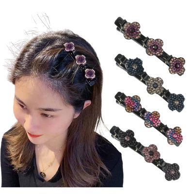 4 Pieces Rhinestones Crystal Bangs Braided Hair Clips with 3 Small Clips for Women Girls Side Barrettes Duckbill Headwear (Flower A)