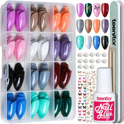 Teenitor 12 Colors Almond Press On Nails Short Length, Almond Shaped Press On Nails With Glue, Press On Nails Medium Almond, Almond Acrylic Nails Press On Almond Nails