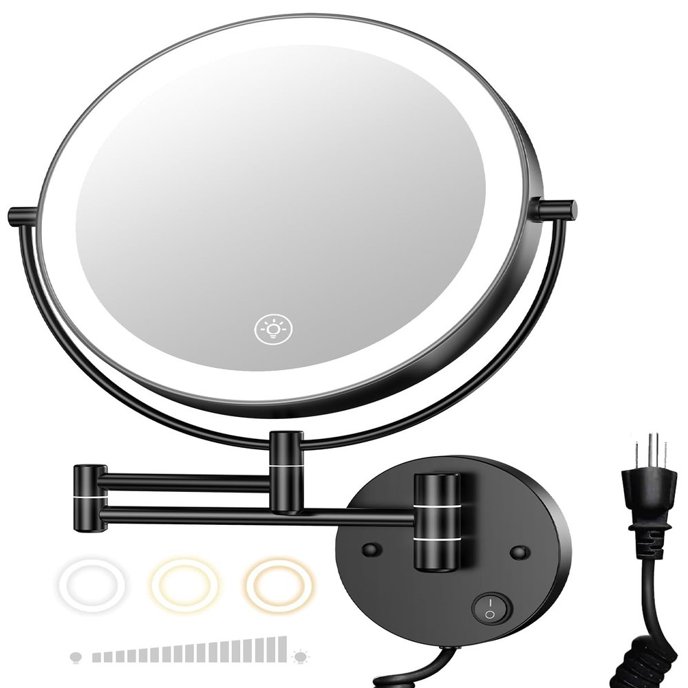 Gospire 9 Wall Mounted Lighted Magnifying Mirror, 1X/10X Magnification Double-Sided LED Bathroom Mirror, 3 Color Lights & Stepless Dimming with Touch Sensor, Extendable Arm 360 Swivel for Shaving