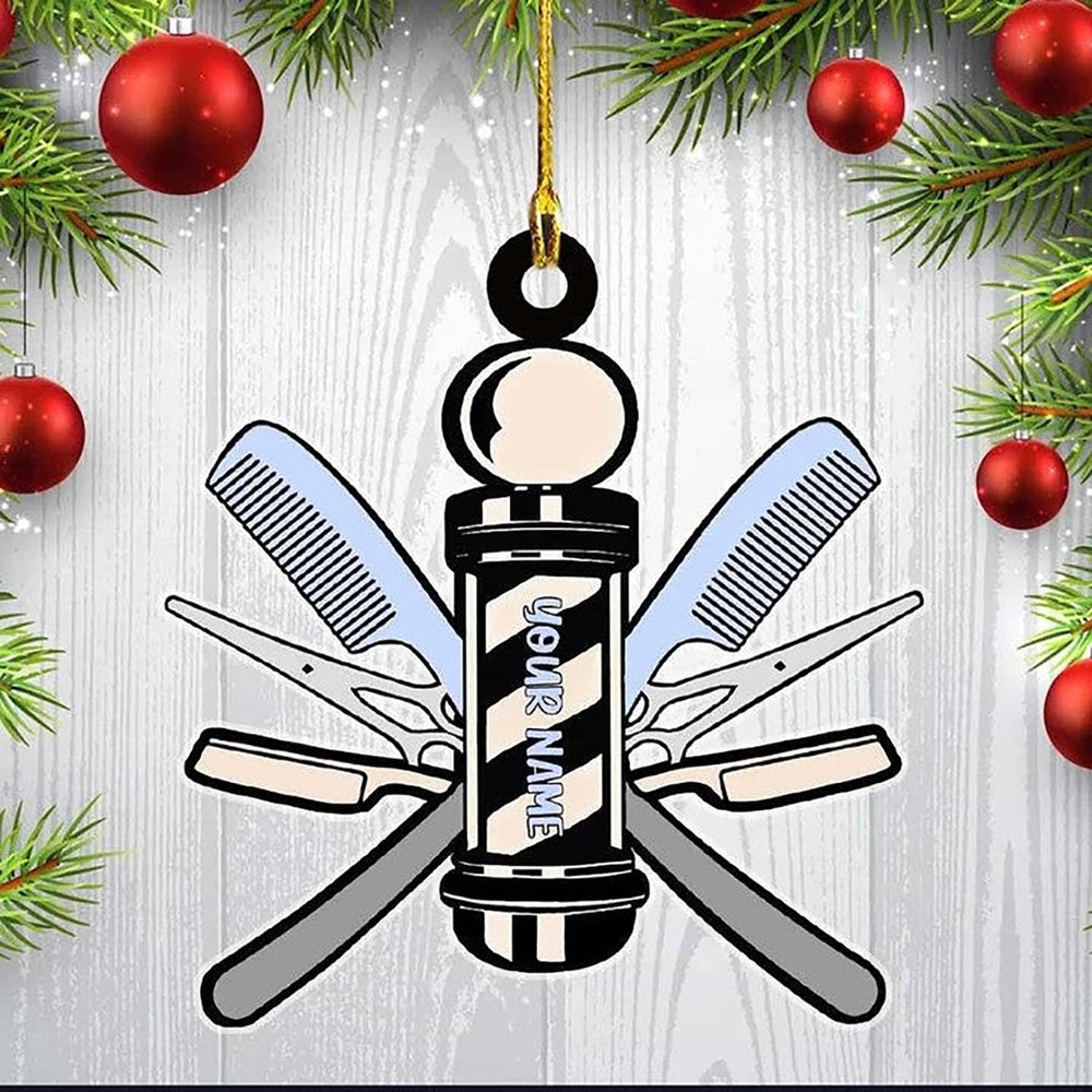 Personalized Barber Box Car Ornament, Barber Keychain, Gift for Him Barber Shop Owner, Custom Name Barber Ornament for Christmas Tree, Barber Shop Gift
