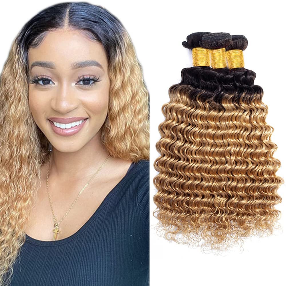 Ombre 1B27 Deep Wave Bundles Black To Honey Blonde Human Hair Bundles Grade 8A Brazilian Remy Hair Weaves Extensions For Women 26 28 30 Inch