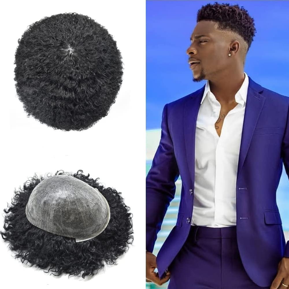10mm Afro Wave Toupee for Black Men 8X10 Inch All PU Injected Human Hair System Units Kinky Curly Man Wigs Black Men Hair Units