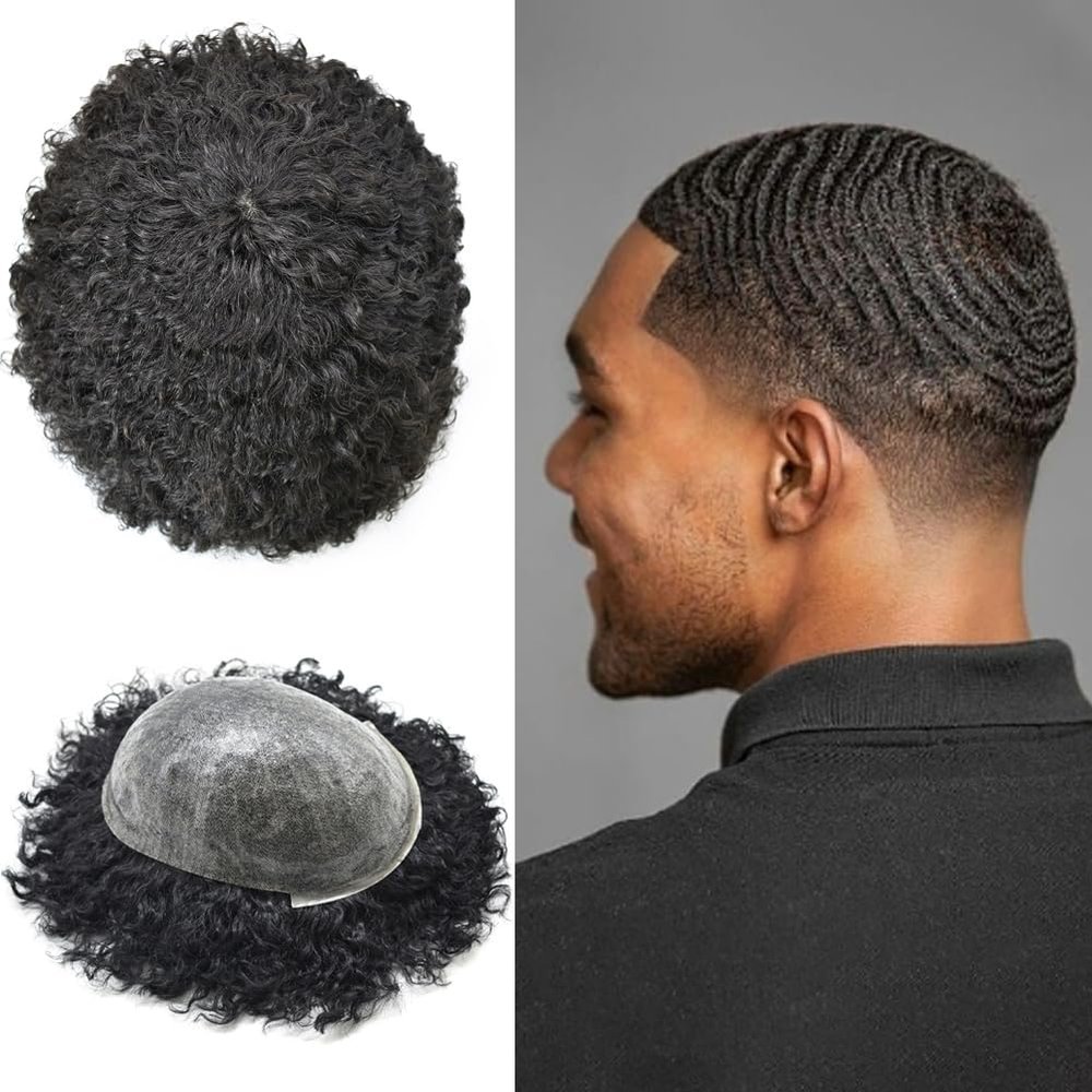 10mm Afro Wave Toupee for Black Men 8X10 Inch All PU Injected Human Hair System Units Kinky Curly Man Wigs Black Men Hair Units