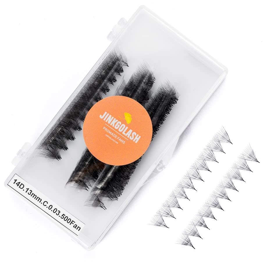 JINKGOLASH 500 Eyelash Extension Promade 4D to 16D Not Premade, Ultra Lash Fans 0.03/0.05/0.07mm Thickness, C D Curl Lashes, 8 - 16mm Length for Easy Volume Individual Eyelash Extensions Clusters DIY(14D-0.03-D (9mm))
