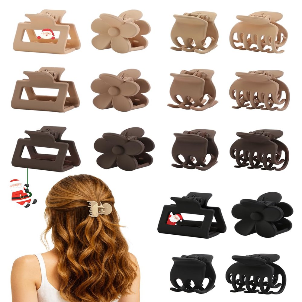 16 PCS Small Hair Clips for Women & Girls, Durable Matte Claw Clips for Thin Hair, Strong Hold NonSlip Medium Hair Claw Clips, Mini Hair Clips, Cute Hair Accessories, 4 Shapes Gifts Holiday