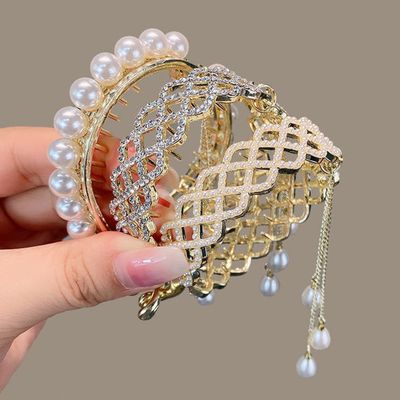 LAKEMON Zircon Pearls Tassel Ponytail Holder Hair Claws, Fashion Meatball Head Hair Ponytail Buckle, Rhinestone Hair Styling Claws, Women's Shining Headband Hair Circle (3Pcs)
