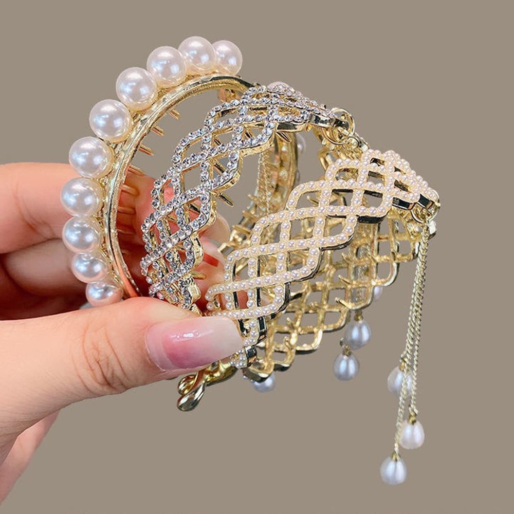 LAKEMON Zircon Pearls Tassel Ponytail Holder Hair Claws, Fashion Meatball Head Hair Ponytail Buckle, Rhinestone Hair Styling Claws, Women's Shining Headband Hair Circle (3Pcs)