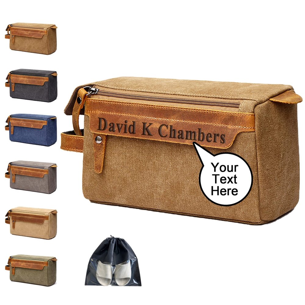 Personalized Canvas Toiletry Bag for Men, Custom Toiletry Travel Bags with Laser Engraved Text/Name, Csutomized Shaving Dopp Kit Toiletry Bag, Gift for Christmas, Husband, Dad, Father, Groomsmen Gifts
