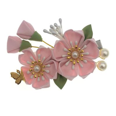 MIAO WU Japanese Women Pink Cherry Blossoms Hair Clip,Kimono Flower Tsumami Hairpin Band Clip Hair Stick Accessories for Women Girls (Style B)