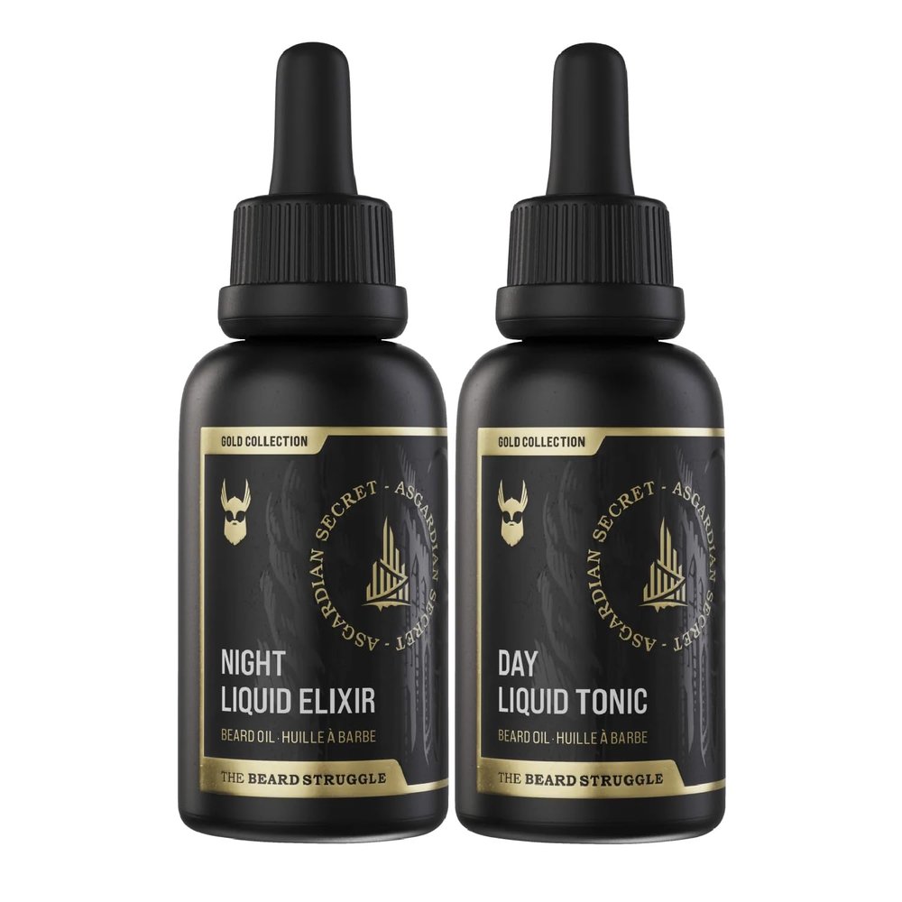 The Beard Struggle Tonic + Elixir Beard Oil Bundle - Gold Collection - Grooming Beard Oil - Softens, Moisturizers, and Strengthens Beard Growth - Pack of 2, Asgardian Secret