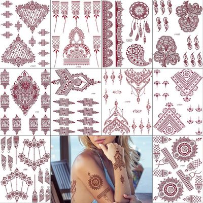 PPVWEY 10 Sheets Henna Tattoos Temporary Stickers 10Pcs Brown Tattoo Templates Women Body Art Stickers for Wedding Party(10pcs Brown)