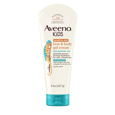 Aveeno Sensitive Skin Face & Body Gel Cream for Kids with Prebiotic Oat, Clinically Proven 24 Hour Hydration for Soft Skin, Quick Drying and Lightweight, Hypoallergenic, 8 oz