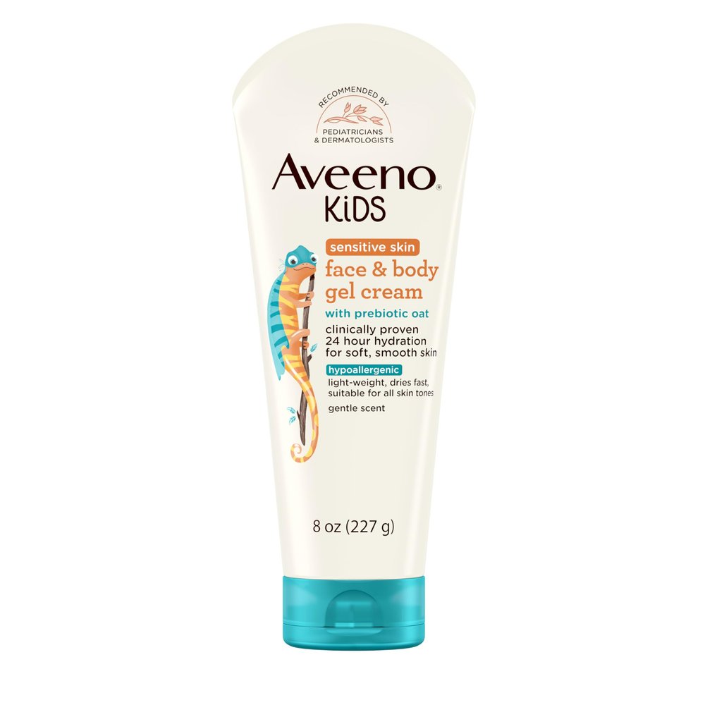 Aveeno Sensitive Skin Face & Body Gel Cream for Kids with Prebiotic Oat, Clinically Proven 24 Hour Hydration for Soft Skin, Quick Drying and Lightweight, Hypoallergenic, 8 oz