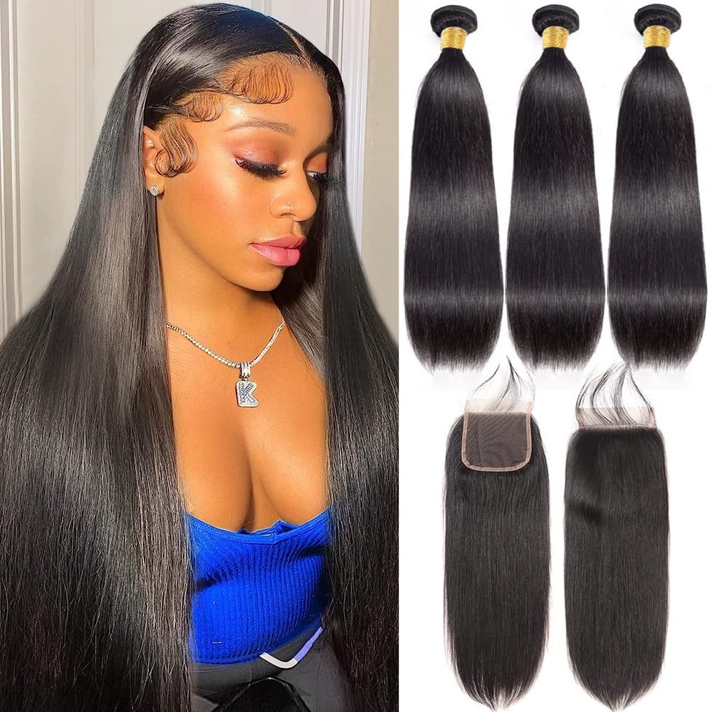 10A Straight Bundles with Closure Human Hair (22 24 26+20) Brazilian Straight Human Hair Bundles with Closure 100% Unprocessed Virgin Remy Straight Hair Weave 3 Bundles with Closure