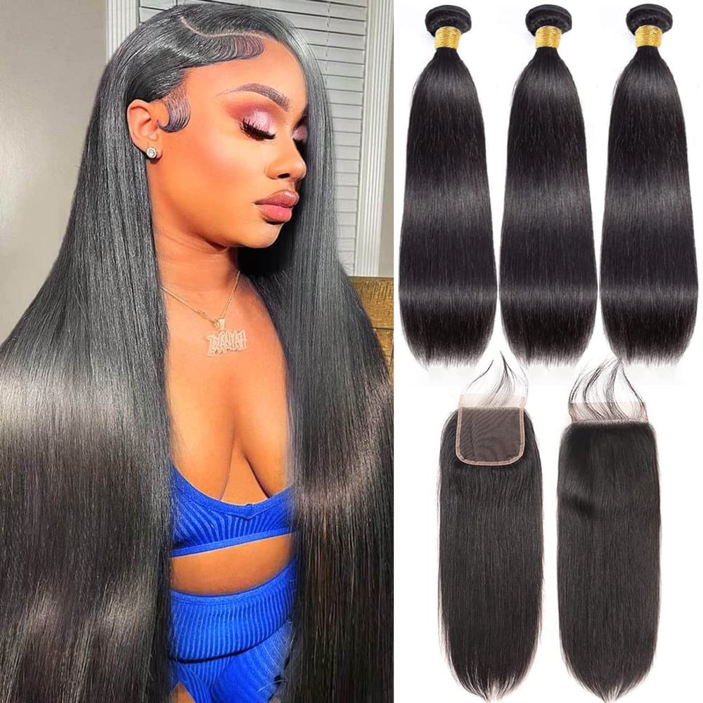 10A Straight Bundles with Closure Human Hair (20 22 24+18) Brazilian Straight Human Hair Bundles with Closure 100% Unprocessed Virgin Remy Straight Hair Weave 3 Bundles with Closure