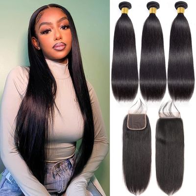 10A Straight Bundles with Closure Human Hair (24 26 28 + 22) Brazilian Straight Human Hair Bundles with Closure 100% Unprocessed Virgin Remy Straight Hair Weave 3 Bundles with Closure
