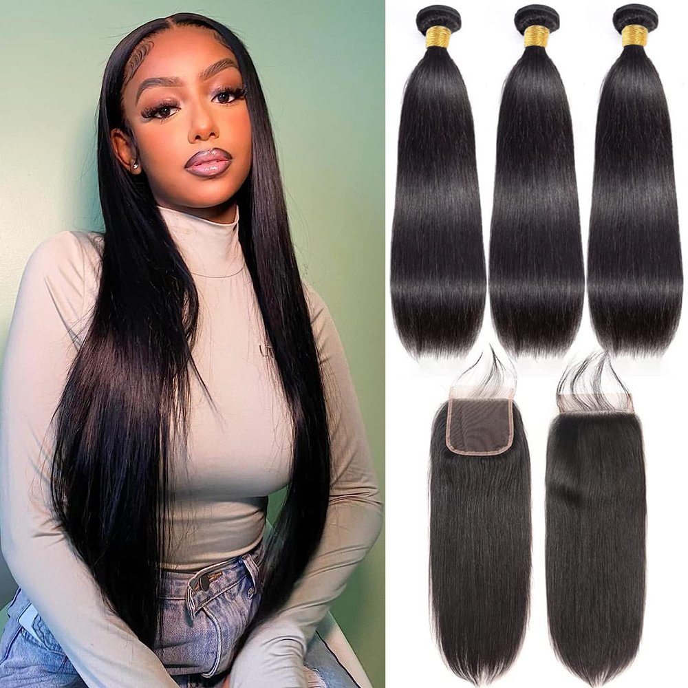 10A Straight Bundles with Closure Human Hair (24 26 28 + 22) Brazilian Straight Human Hair Bundles with Closure 100% Unprocessed Virgin Remy Straight Hair Weave 3 Bundles with Closure