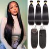10A Straight Bundles with Closure Human Hair (24 26 28 + 22) Brazilian Straight Human Hair Bundles with Closure 100% Unprocessed Virgin Remy Straight Hair Weave 3 Bundles with Closure view 1