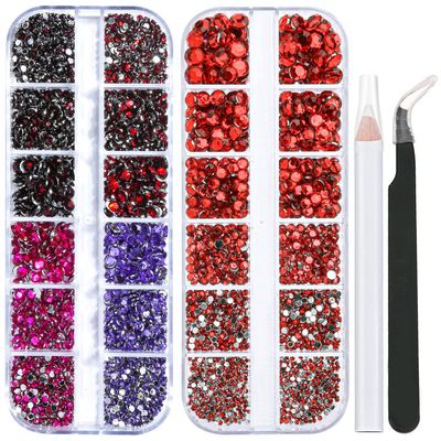 2 Packs of Flatback Rhinestones 5660 Pcs Colorful Nail Art Rhinestones Flatback Crystal Colorful with Picker Pencil and Tweezer for Nail Art and Decoration (12- Red & Mixed Color)