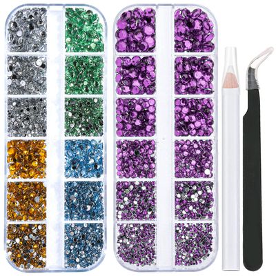 2 Packs of Flatback Rhinestones 5660 Pcs Colorful Nail Art Rhinestones Flatback Crystal Colorful with Picker Pencil and Tweezer for Nail Art and Decoration (05- Light Purple & Mixed Color)
