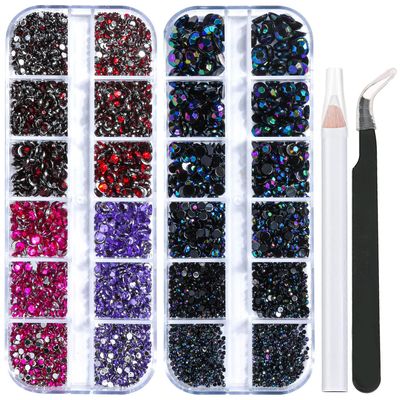 2 Packs of Flatback Rhinestones 5660 Pcs Colorful Nail Art Rhinestones Flatback Crystal Colorful with Picker Pencil and Tweezer for Nail Art and Decoration (04- Black AB & Mixed Color)