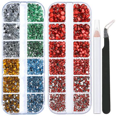 2 Packs of Flatback Rhinestones 5660 Pcs Colorful Nail Art Rhinestones Flatback Crystal Colorful with Picker Pencil and Tweezer for Nail Art and Decoration (09- Red & Mixed Color)
