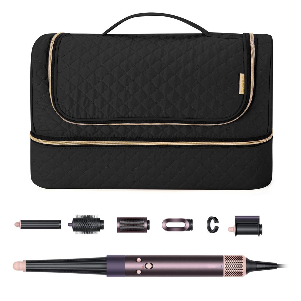 Yarwo 2026 Upgraded Storage Bag Compatible for Dyson Airwrap i.d. Multi-styler Complete and Attachments, Double-layer Travel Case with Hanging Hook for Hair Curler Accessories, Black (Bag Only)