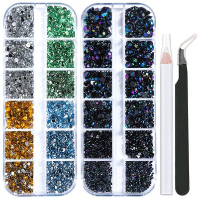 2 Packs of Flatback Rhinestones 5660 Pcs Colorful Nail Art Rhinestones Flatback Crystal Colorful with Picker Pencil and Tweezer for Nail Art and Decoration (01- Black AB & Mixed Color)