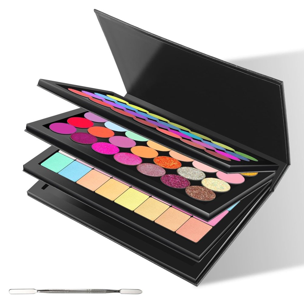 SZDYM 4 layers Empty magnetic Book Shaped palette Black PU leather surfacewith Depotting Spatula and 100 piece Metal Stickers