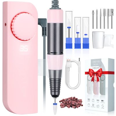 SAVILAND Electric Nail Drill  (Coreless Motor) Rechargeable Nail File Matte Nail D rill Machine 35000RPM with 9 Nail Drill Bits for Acrylic Gel Nails Removal Manicure Pedicure for Salon Home, Pink