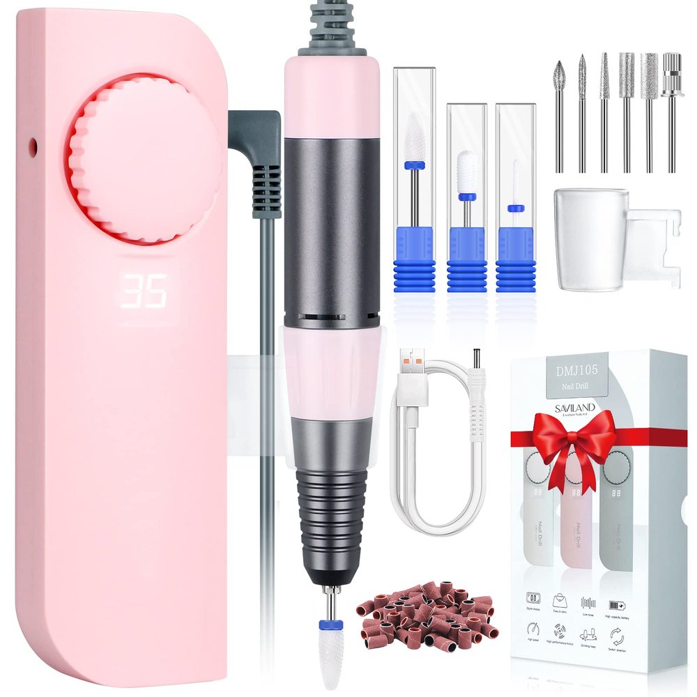SAVILAND Electric Nail Drill  (Coreless Motor) Rechargeable Nail File Matte Nail D rill Machine 35000RPM with 9 Nail Drill Bits for Acrylic Gel Nails Removal Manicure Pedicure for Salon Home, Pink
