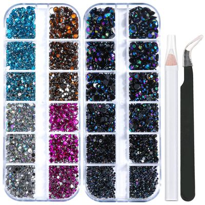 2 Packs of Flatback Rhinestones 5660 Pcs Colorful Nail Art Rhinestones Flatback Crystal Colorful with Picker Pencil and Tweezer for Nail Art and Decoration (02- Black AB & Mixed Color)
