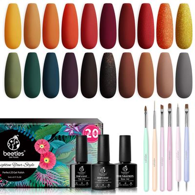 Beetles 20 Pcs Gel Polish Kit - Cozy Campfire Collection Fall Winter Orange Yellow Green Soak Off Lamp Base Top Coat Nail Art Brushes Set Design Pen