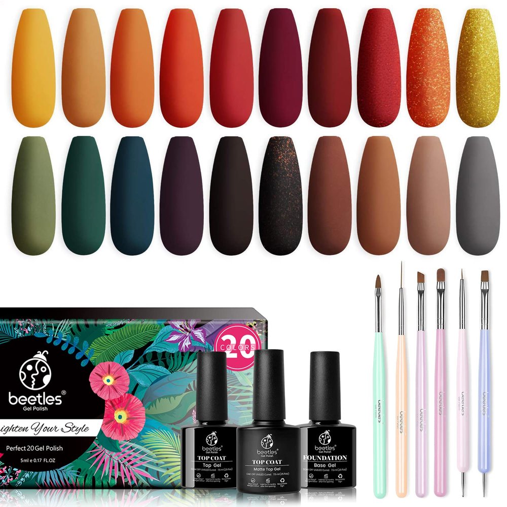Beetles 20 Pcs Gel Polish Kit - Cozy Campfire Collection Fall Winter Orange Yellow Green Soak Off Lamp Base Top Coat Nail Art Brushes Set Design Pen
