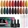 Beetles 20 Pcs Gel Polish Kit - Cozy Campfire Collection Fall Winter Orange Yellow Green Soak Off Lamp Base Top Coat Nail Art Brushes Set Design Pen view 1