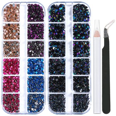 2 Packs of Flatback Rhinestones 5660 Pcs Colorful Nail Art Rhinestones Flatback Crystal Colorful with Picker Pencil and Tweezer for Nail Art and Decoration (03- Black AB & Mixed Color)