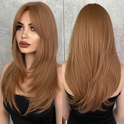 Airimori 25 Inches Strawberry Blonde Long Straight Wig with Bangs Layered Wig for Women Natural Straight Synthetic Wig Heat Resistant for Daily Party Cosplay Wear