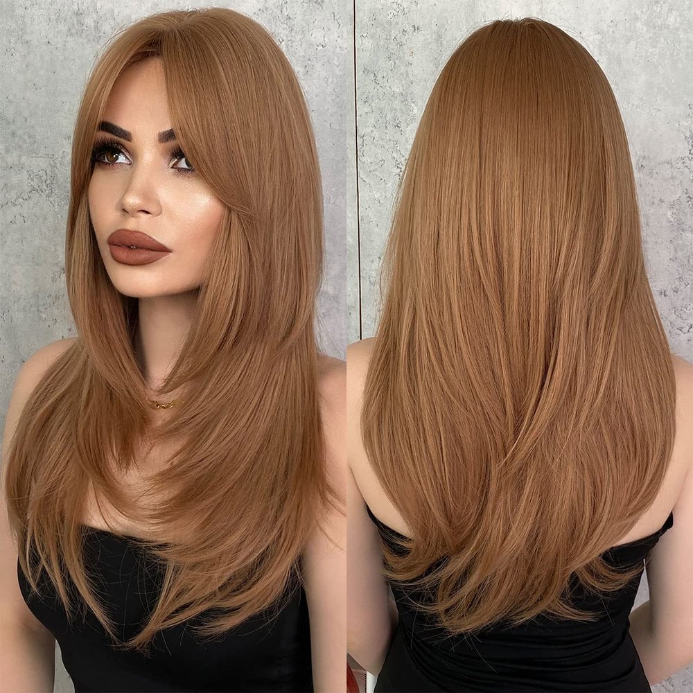 Airimori 25 Inches Strawberry Blonde Long Straight Wig with Bangs Layered Wig for Women Natural Straight Synthetic Wig Heat Resistant for Daily Party Cosplay Wear