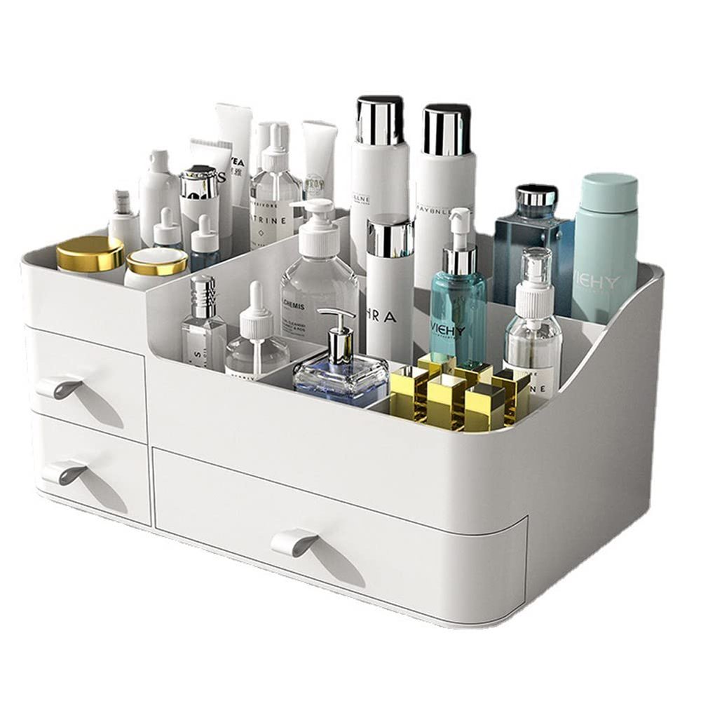 Liemuao Makeup Organizer for Vanity, Cosmetic Storage Box Organizer with Drawers,Large Capacity Countertop Organizer Great for Dresser, Bathroom, Bedroom (White, 3 Drawers)