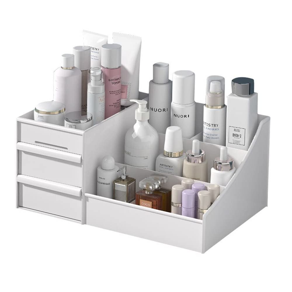 Liemuao Drawer Makeup Organizer for Vanity,Makeup Desk Organizer, Makeup Organizer for Cosmetic for Cosmetics, Skincare, Lipsticks, Jewelry, Ideal for Bedroom and Bathroom Countertop (White)
