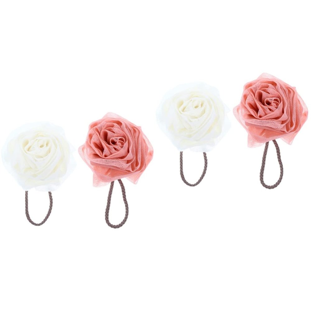 4 Pcs Rose Bath Flower Mesh Body Poufs Cleaning Sponge Exfoliating Bath Sponge Luffa Pouf Shower Ball Sponge Ball Shower Sponge Miss White Flower or Loofah