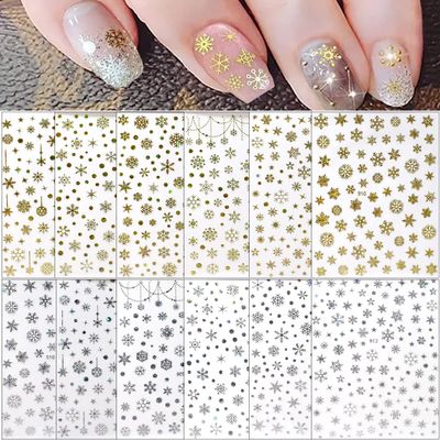 12 Sheets Christmas Snowflake Nail Art Stickers,Gold Nail Supplies Snowflake Nail Decals Metallic Snowflakes Glitter Gold Silver Nail Designs for Christmas Nail Decorations Xmas Manicure Accessories